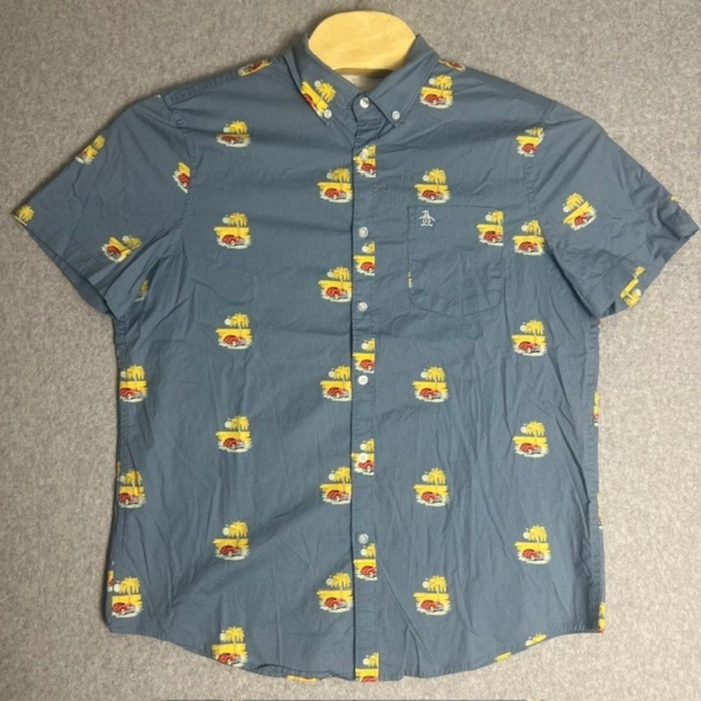 Original Penguin Men's Blue Car & Palm Tree Print Button Down Shirt Size‎ Large